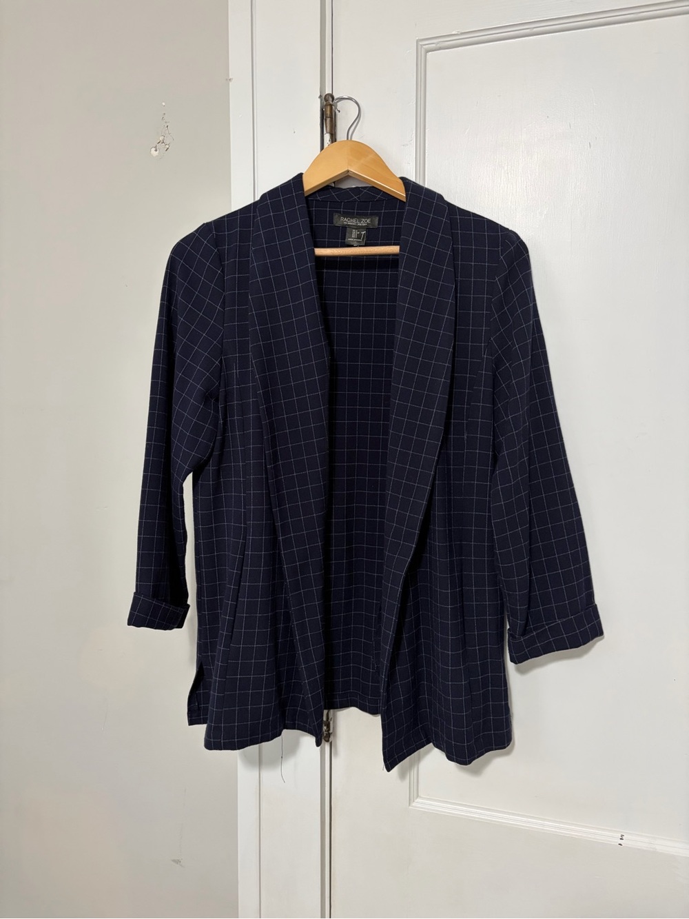 Rachel Zoe Navy Windowpane Open-Front Blazer